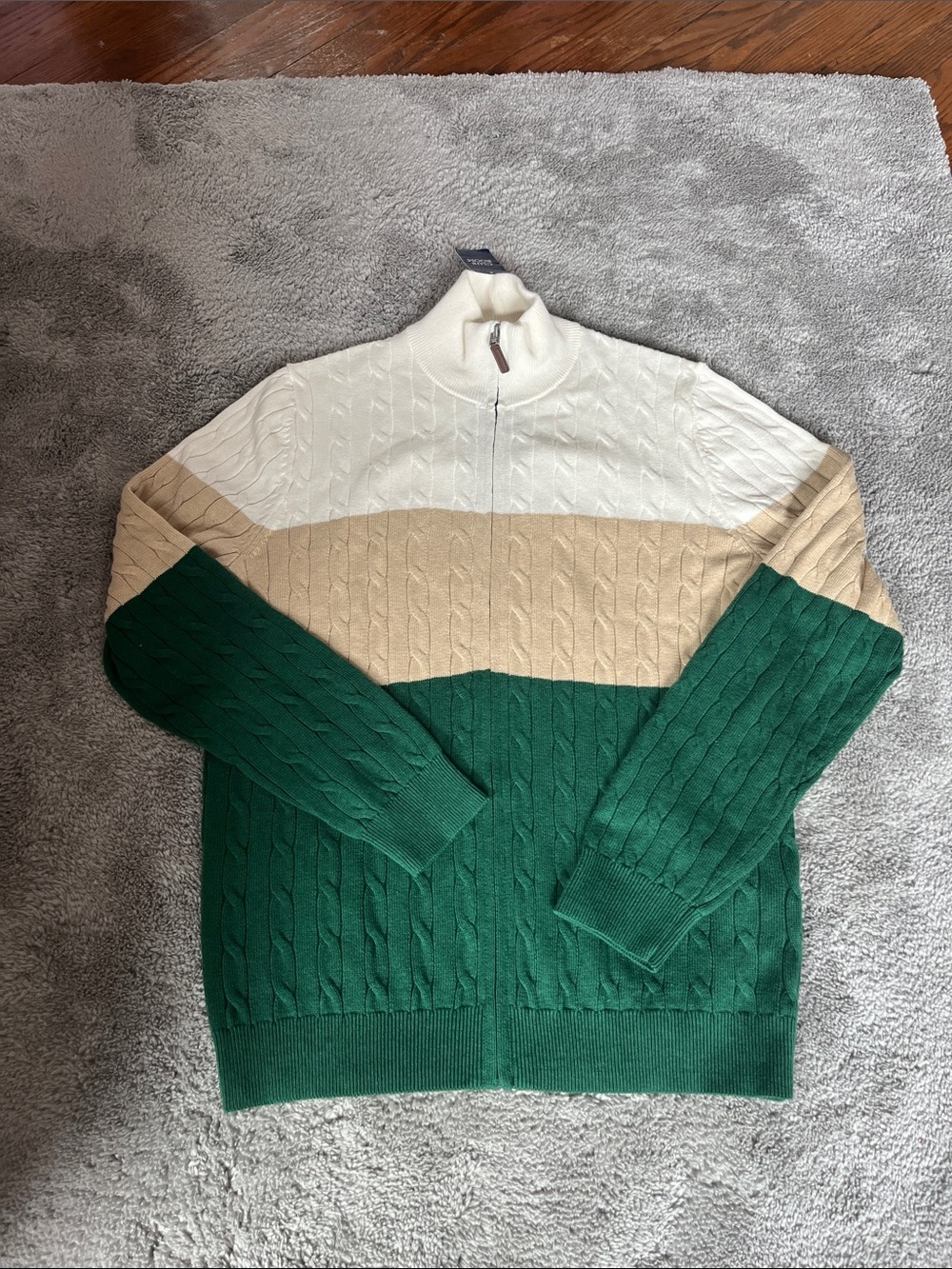 Club Room Green/Cream/Tan Cable-Knit Zip Sweater